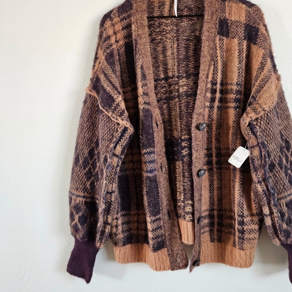 Free People Brown Plaid Sepia Sweater Cardigan in Birchwood Combo - Picture 5 of 11